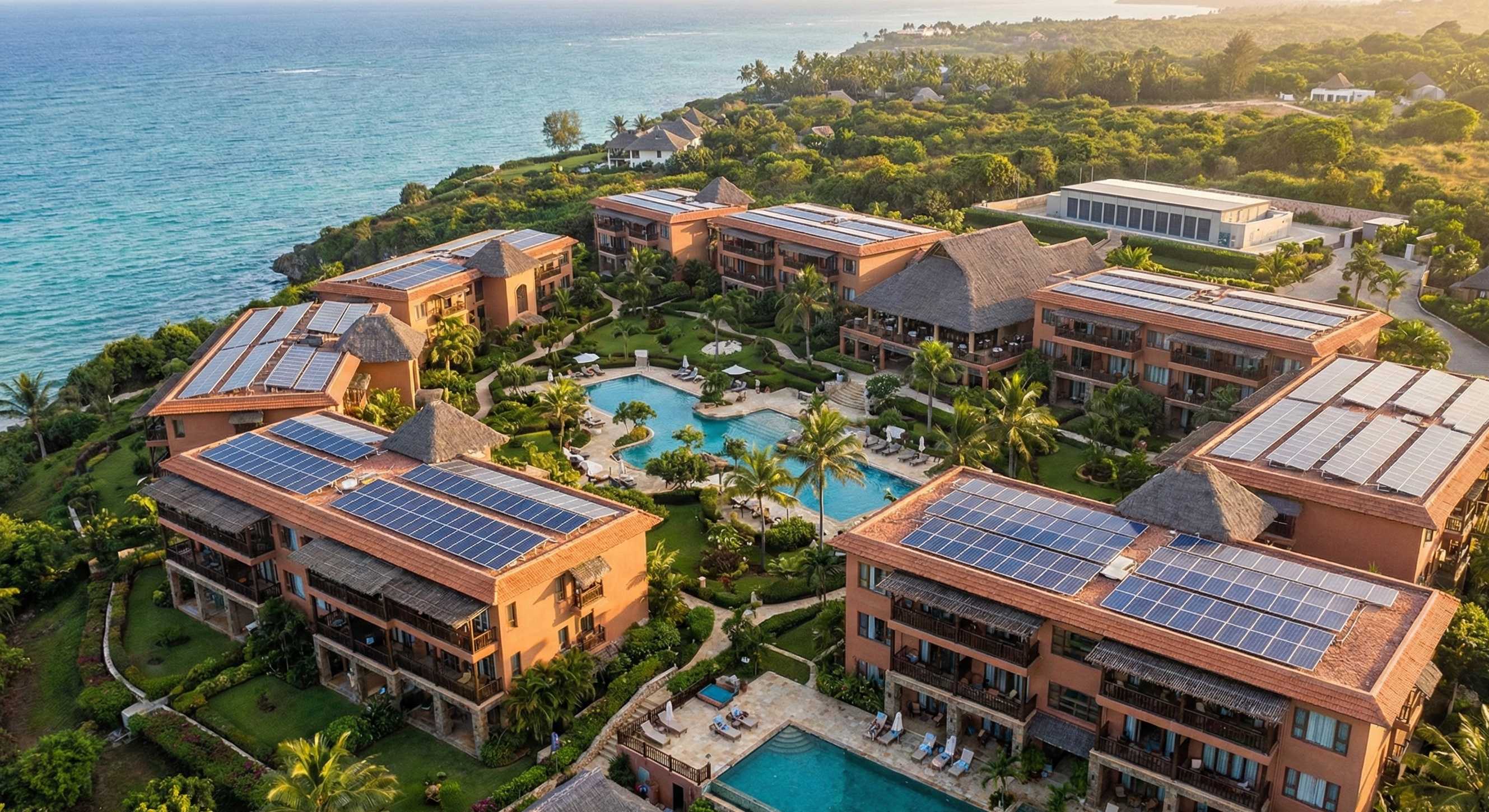 450kWp commercial rooftop solar PV array at a luxury coastal resort in Tanzania.