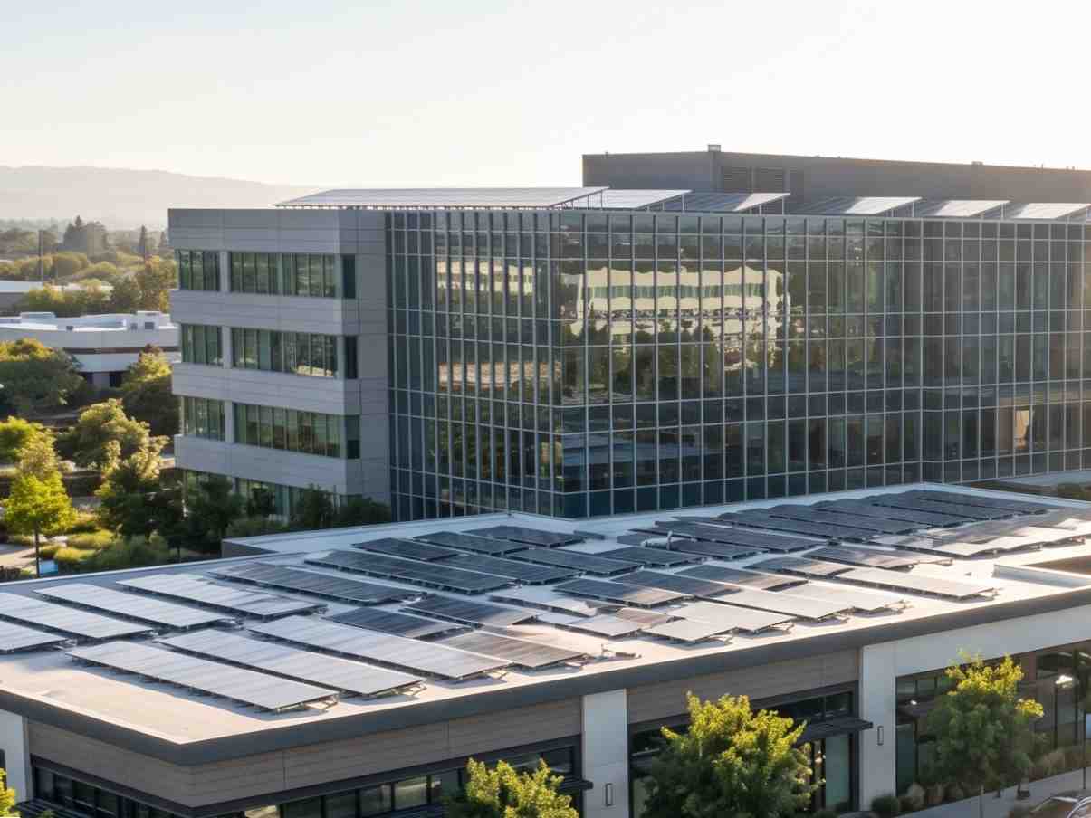 Sustainable commercial complex with rooftop solar panels and solar-powered EV charging carports in a modern office and hotel setting.