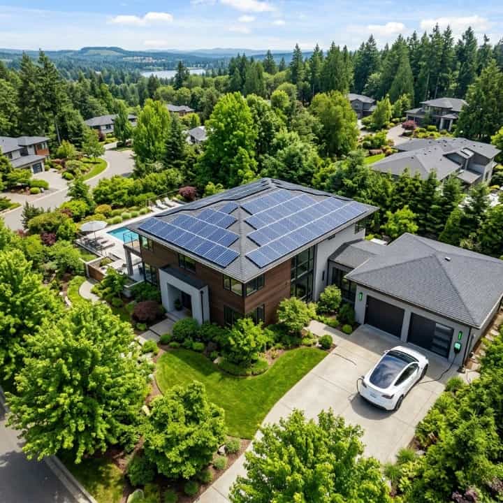 Aerial view of a sustainable modern home featuring SNADI SNAT Solar residential rooftop panels and an electric vehicle (EV) charging station in a lush green environment.