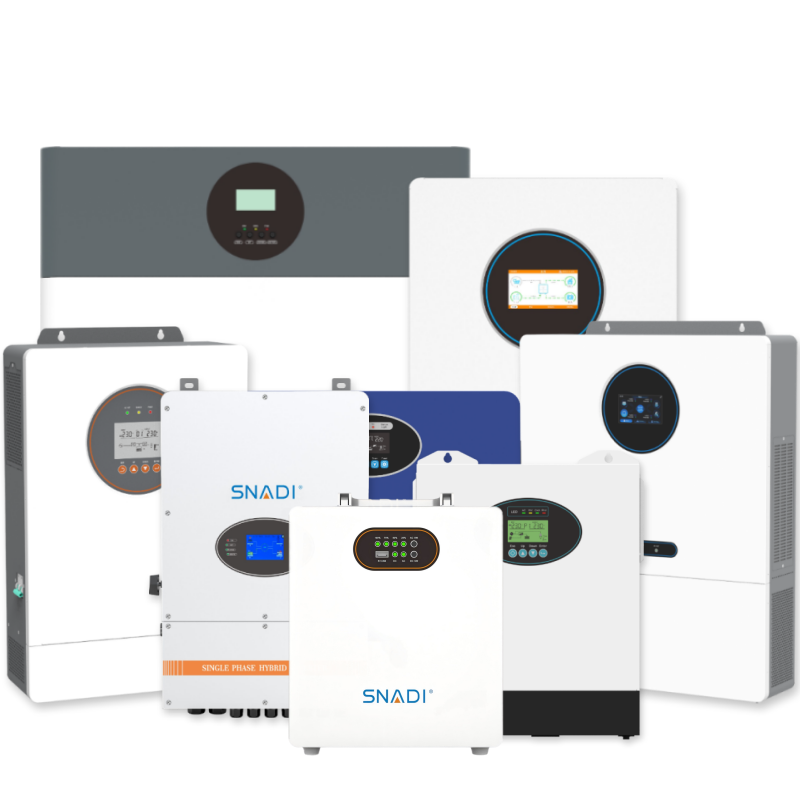 A comprehensive range of SNADI and SNAT solar inverters, including single-phase hybrid inverters and pure sine wave off-grid power solutions for solar energy systems.