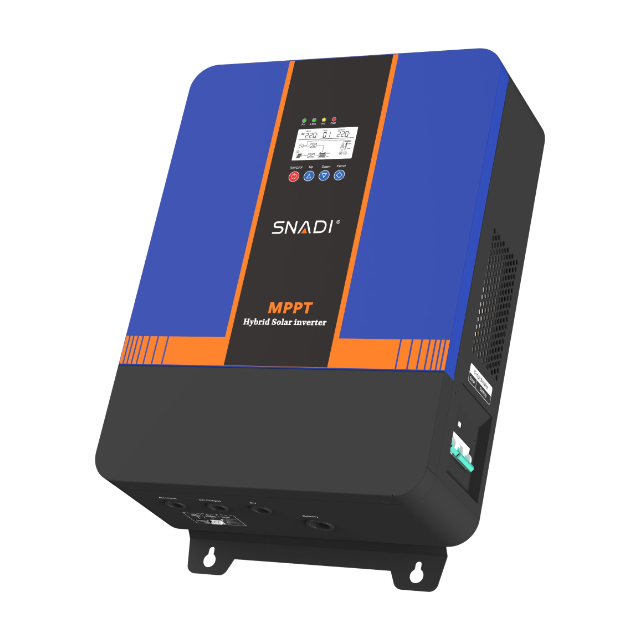 Side perspective of the SNADI NKM low frequency inverter featuring a built-in ring transformer and RS485 communication for LiFePO4 batteries.