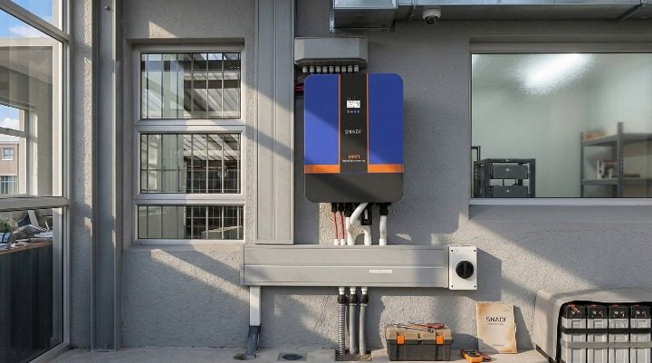 SNADI high power hybrid solar inverter installed in a semi outdoor environment.