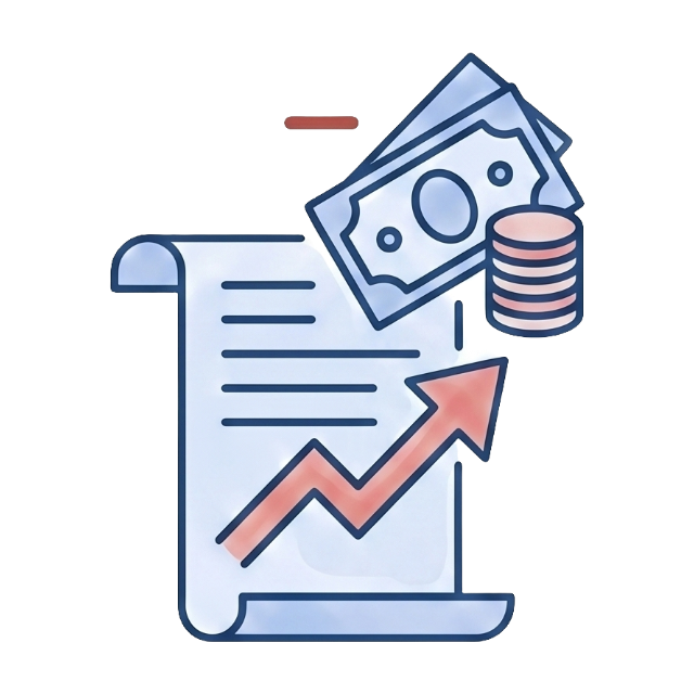 Minimalist icon of a rising electricity bill with cash and coins, representing the financial burden of high utility costs solved by off-grid solar.