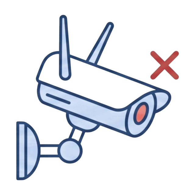 Minimalist security camera icon with a red cross, indicating home security system failure during a night-time power outage.