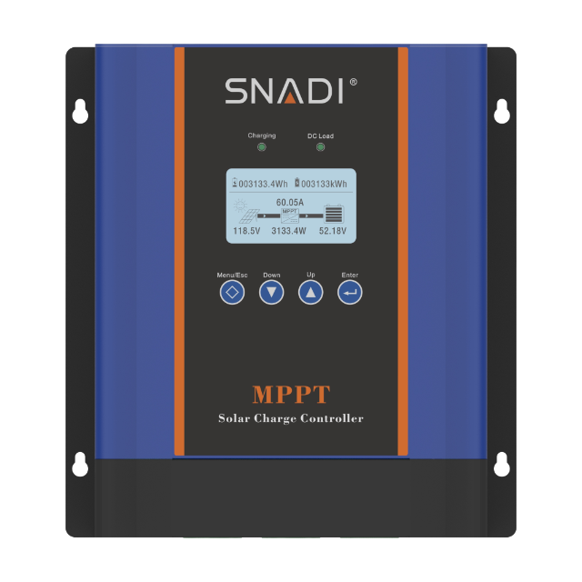 Angled front view of SNADI CM 50A/60A solar controller highlighting the multi-voltage smart LCD display and control buttons.