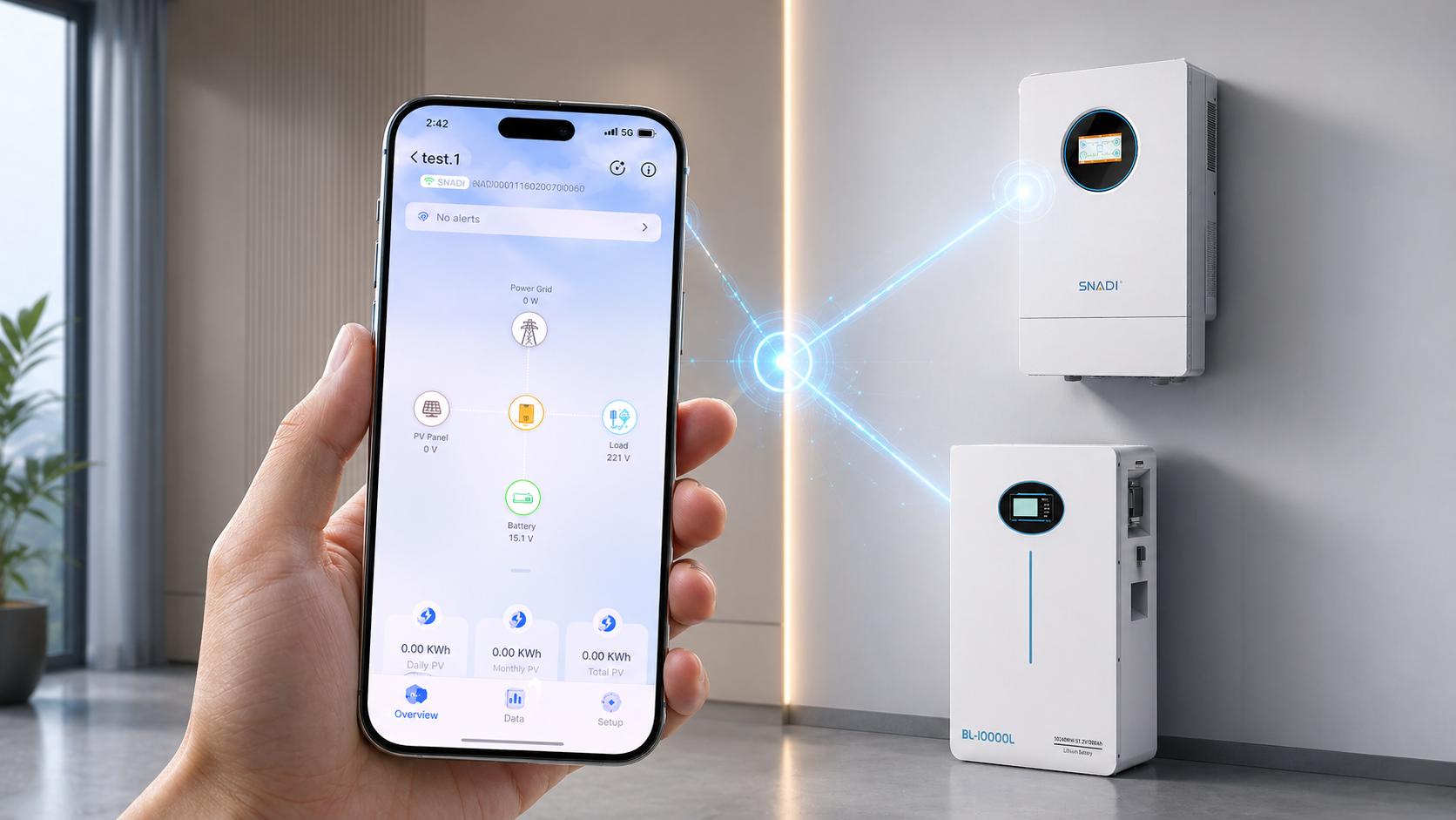 A person using the SNADI smart energy app on a smartphone to monitor a residential solar inverter and lithium battery system in real-time.