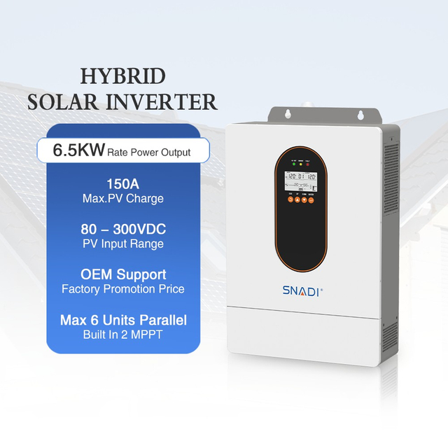 6.5kW hybrid solar inverter with 150A max PV charge and dual MPPT tracking for solar panels.