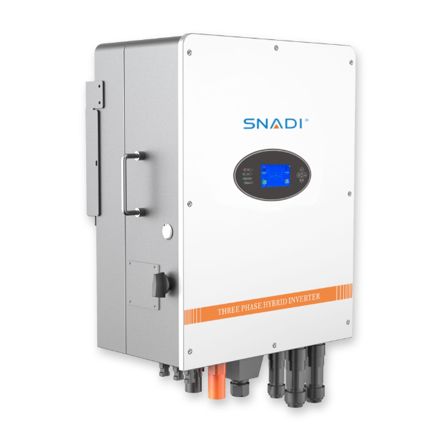 Left side view of SNADI BLS series 6kW to 20kW three phase hybrid solar inverter with ergonomic handle and durable casing.