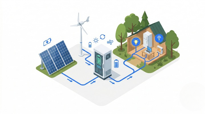 Standalone off grid energy storage system by SANT Solar powering a remote facility using wind and solar energy, emphasizing total energy independence.