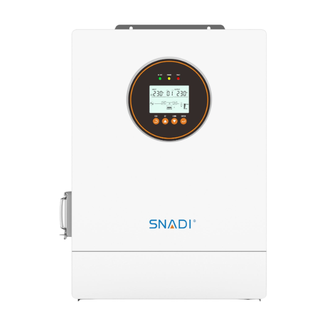Side angled view of SNADI ES-IP54 12kW on/off grid hybrid inverter featuring IP54 waterproof design for European installations.