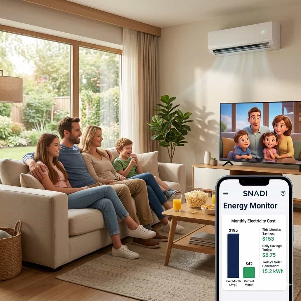 A happy American family relaxes in a modern living room while the foreground smartphone displays the SNADI Energy Monitor app showing significant electricity cost savings from residential solar solutions.