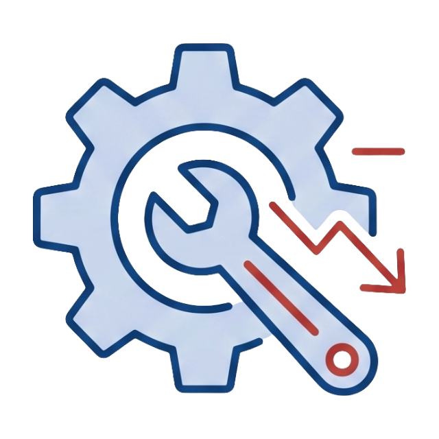 Gear and wrench icon with a downward red arrow, symbolizing the high maintenance burden and inefficiency of aging legacy energy systems.