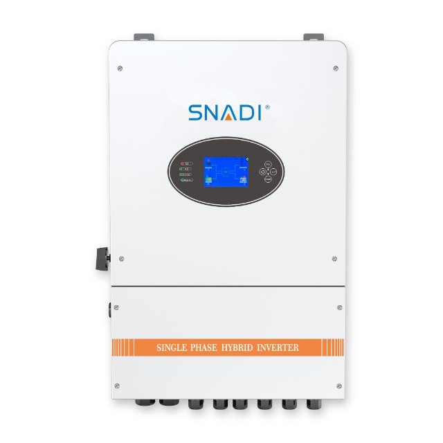 A direct front view of the SNADI BLD 8KW single phase hybrid solar inverter, with the brand logo, detailed LCD display interface, and connection ports clearly visible. Isolated on white.