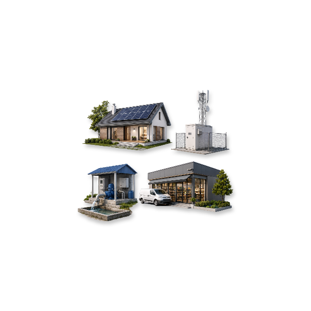 Residential home, telecom site, water pump and commercial building powered as electrical loads by an