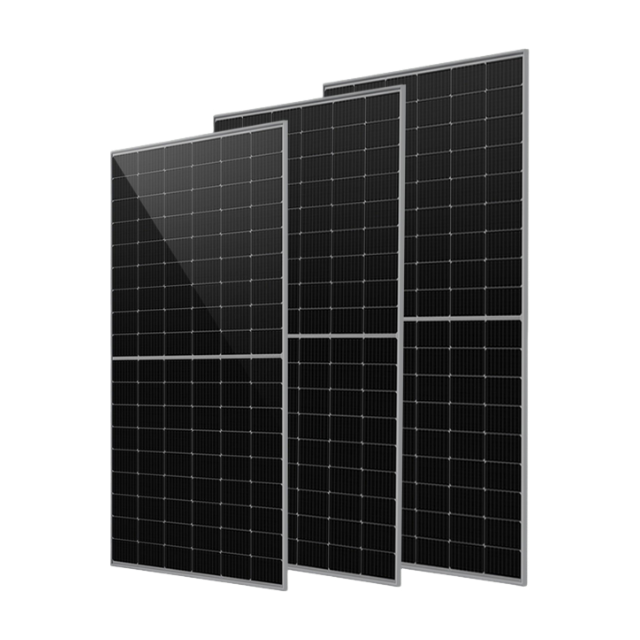 Three high-efficiency monocrystalline solar panels with premium black split-cell design for home power systems.