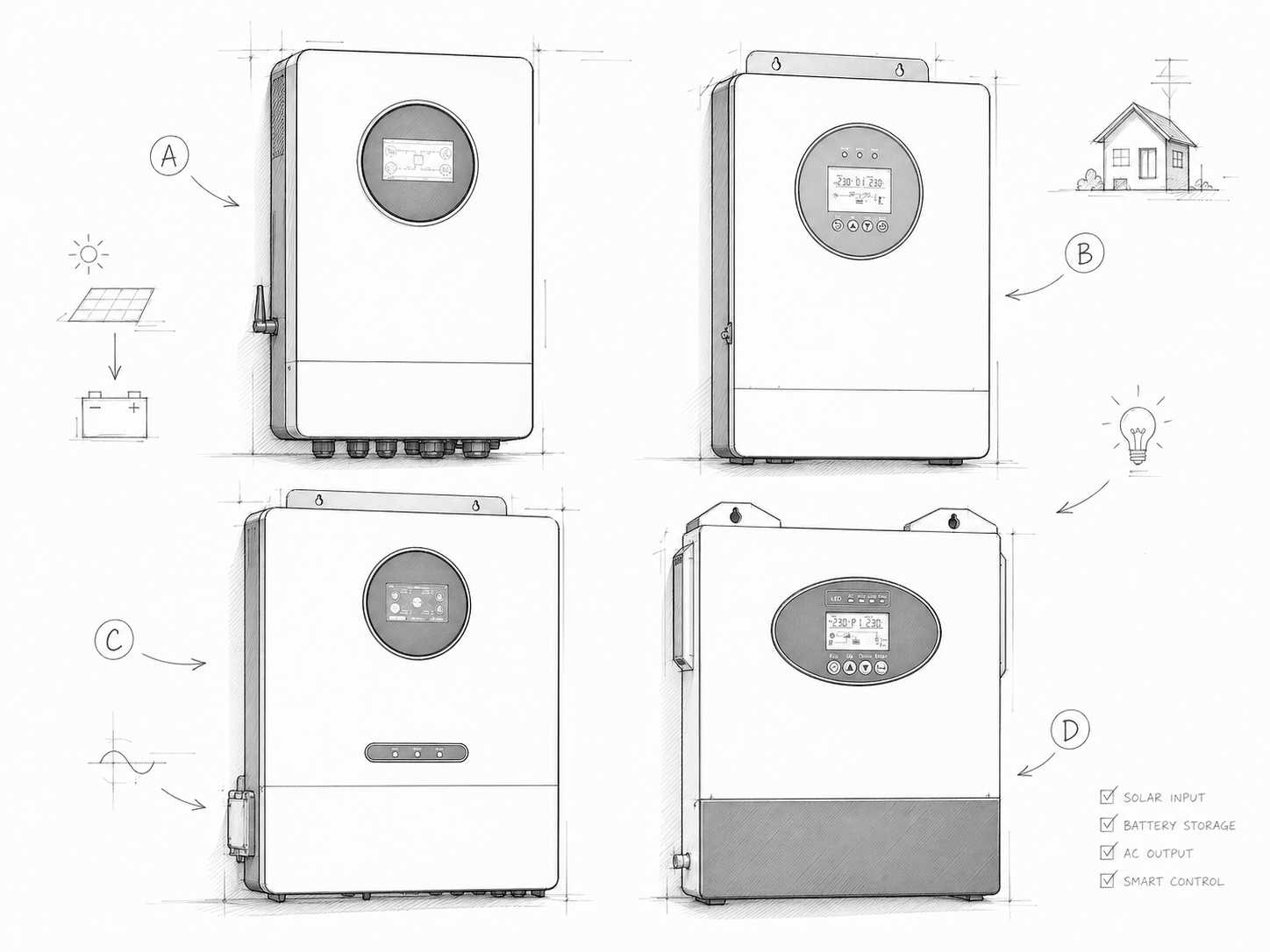 Technical specification drawing of four hybrid solar inverters for custom residential energy storage solutions, illustrating solar input, battery storage, AC output, smart control features, and home integration examples.